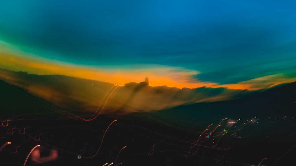 Bell Tower III (Urban), abstract urban skyline with blue sky and orange horizon, ICM fine art photography by Héctor Morón