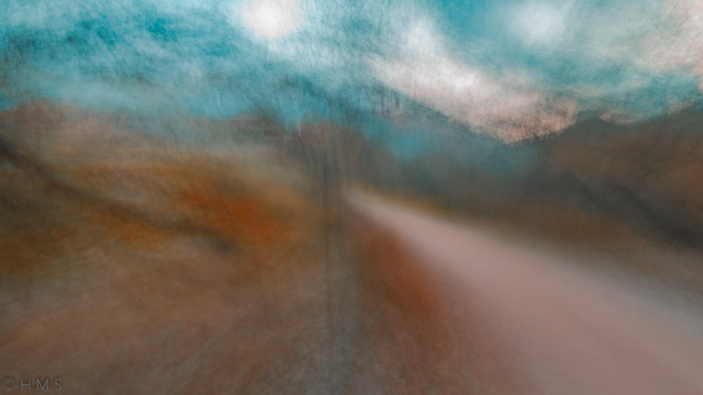 Blue Sky Trail, abstract fine art photography with intentional camera movement (ICM); luminous path under a radiant blue sky, dissolving into motion and light