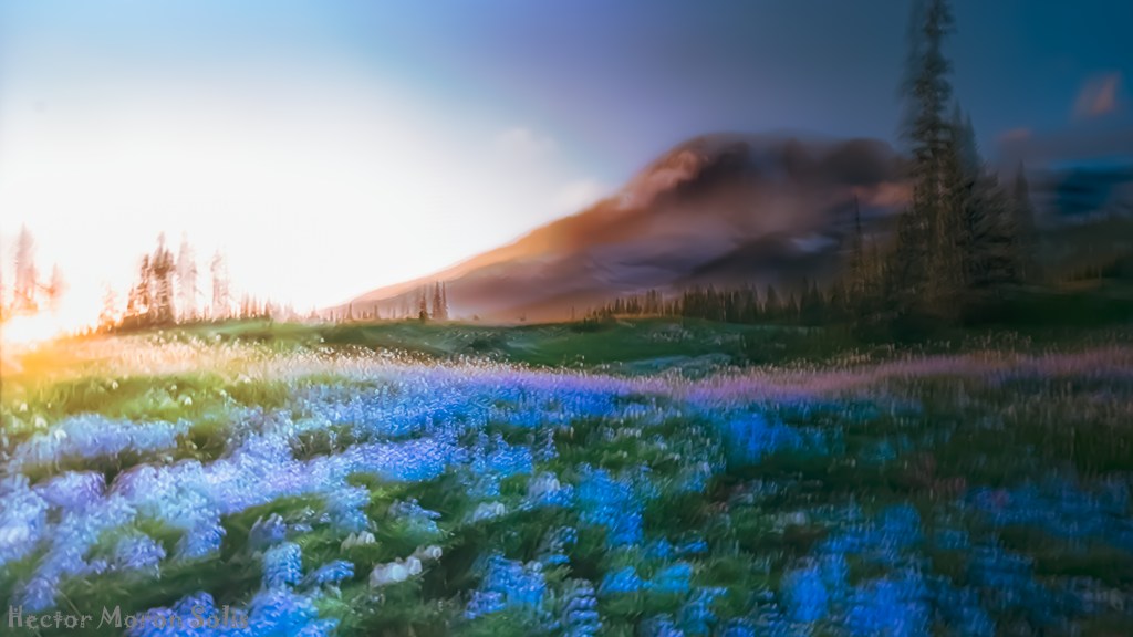 Expressionist landscape photography by Héctor Morón: a golden sun breaks through heavy shadows over a violet-blue field and mountain, symbolizing Eden as the last refuge of hope. Allegorical Abstractionism by Héctor Morón.