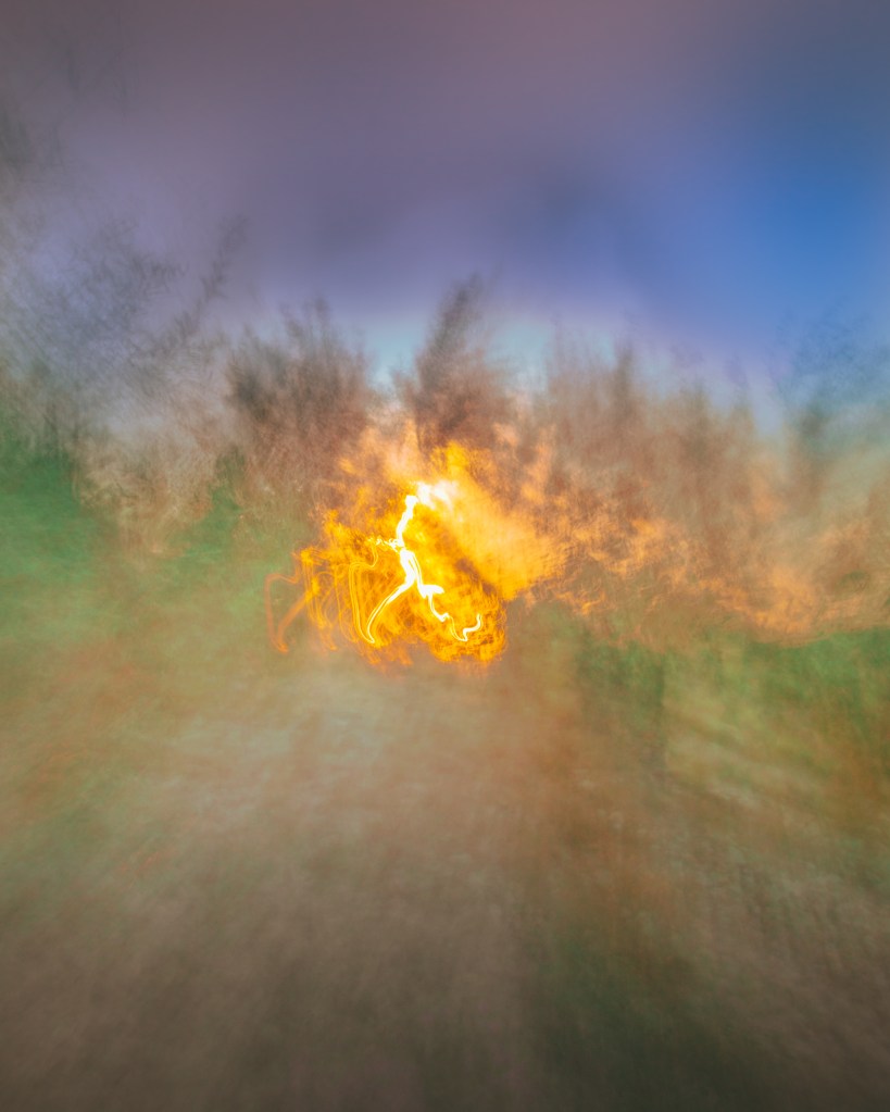 Abstract expressionist long-exposure photograph of a blazing encrypted sun breaking through a violet-blue sky, with electric white traces cutting the scene.