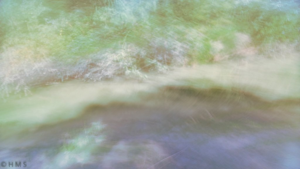 Abstract river photograph with vibrant emerald greens and lilac tones, flowing diagonally with artistic energy by Héctor Morón