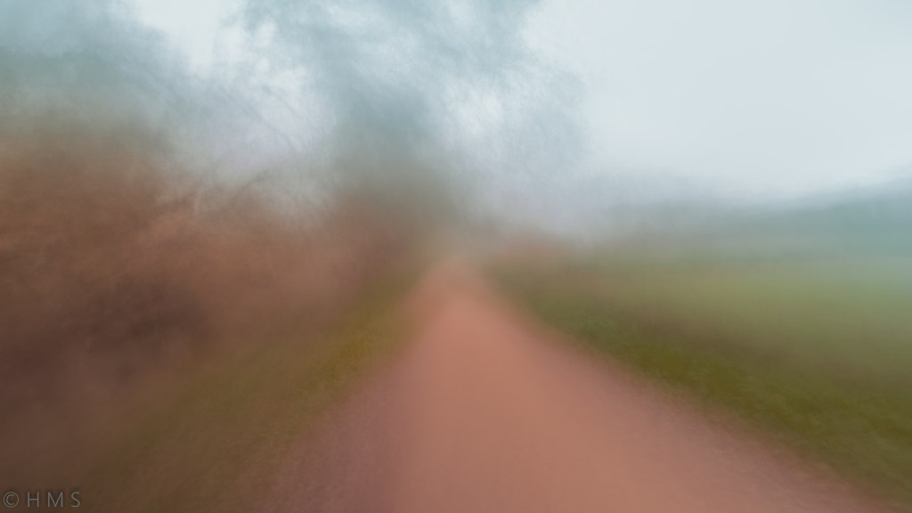 Foggy Path I, abstract fine art photography with intentional camera movement (ICM); a trail dissolving into dense fog, muted tones evoking mystery and silence