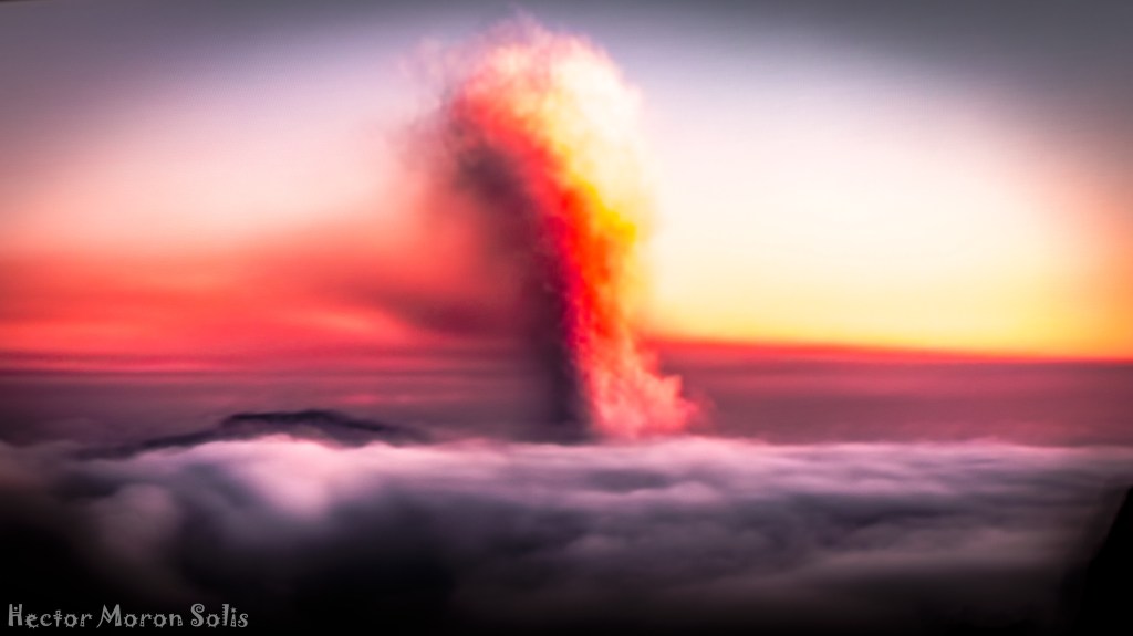La Palma Volcano – abstract ICM fine art photograph by Héctor Morón, first gases rising from eruption in light and motion