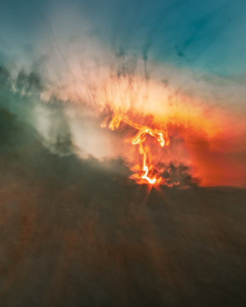 Lightning Causes Fire, abstract ICM fine art photograph by Héctor Morón: blazing sun fragmented like a lightning strike igniting fire, expressive motion painting