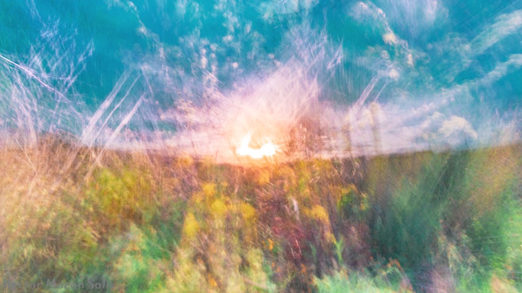 tone Firmament abstract ICM photograph — impressionist sky resembling solid rock. Encrypted Sun – abstract ICM fine art photography by Héctor Morón, glowing sun and motion blur in warm colors