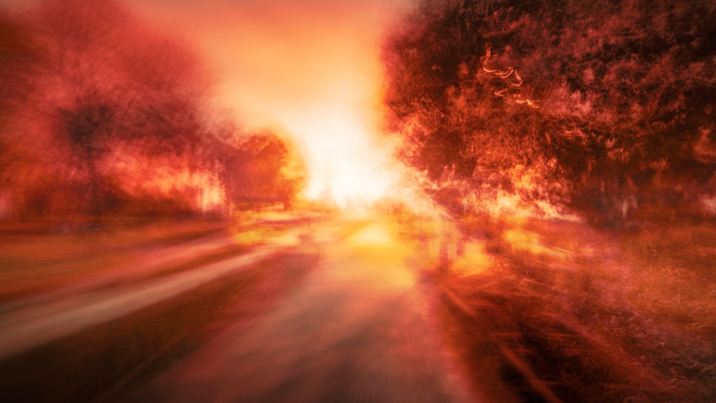 The Radiant Path, abstract landscape fine art photography with intentional camera movement (ICM); glowing orange monochrome trail leading into luminous light