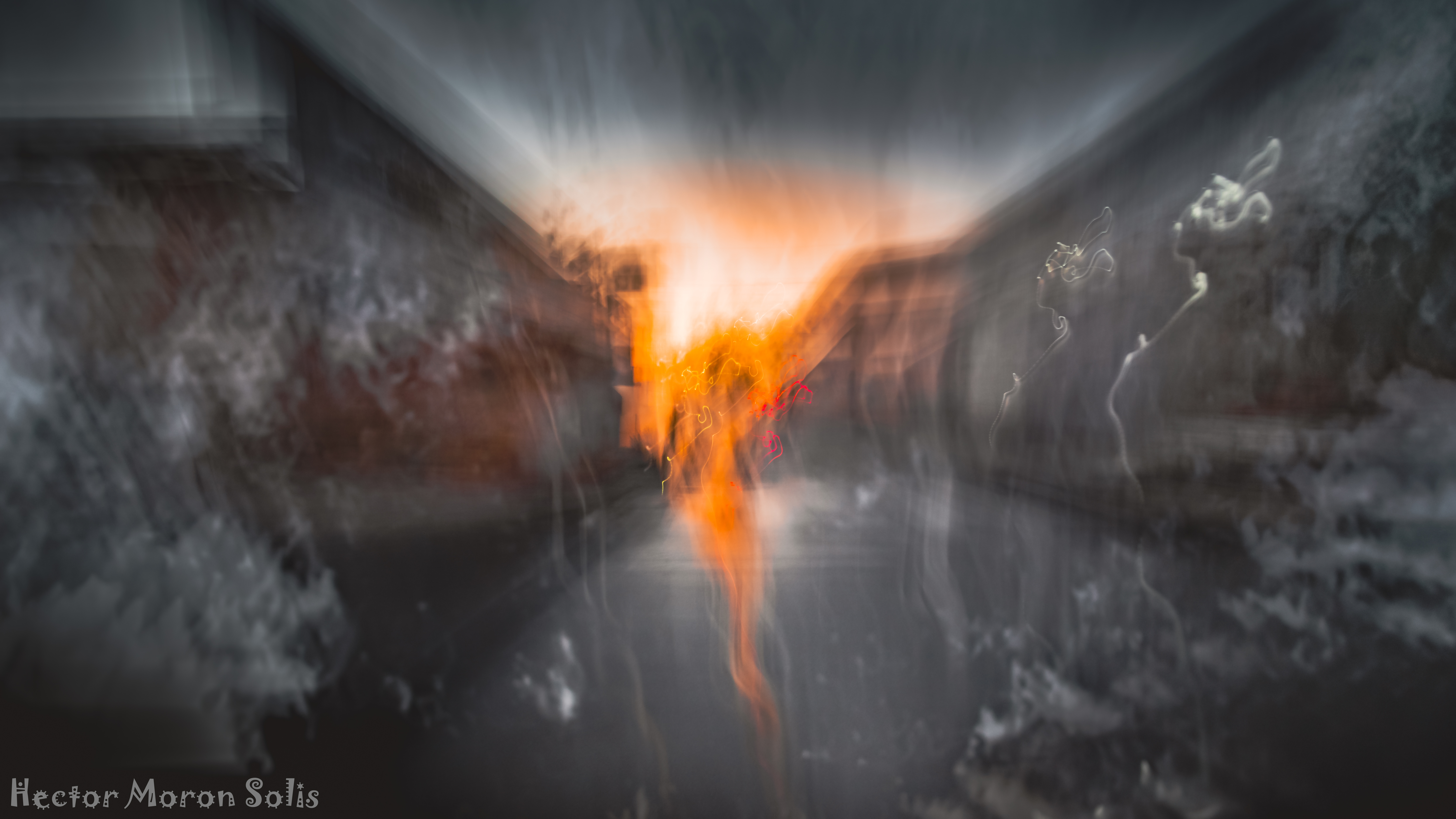 Abstract urban ICM photography of a blazing sun devouring desaturated city walls, symbolic of nature overwhelming human structures. Allegorical Abstractionism by Héctor Morón