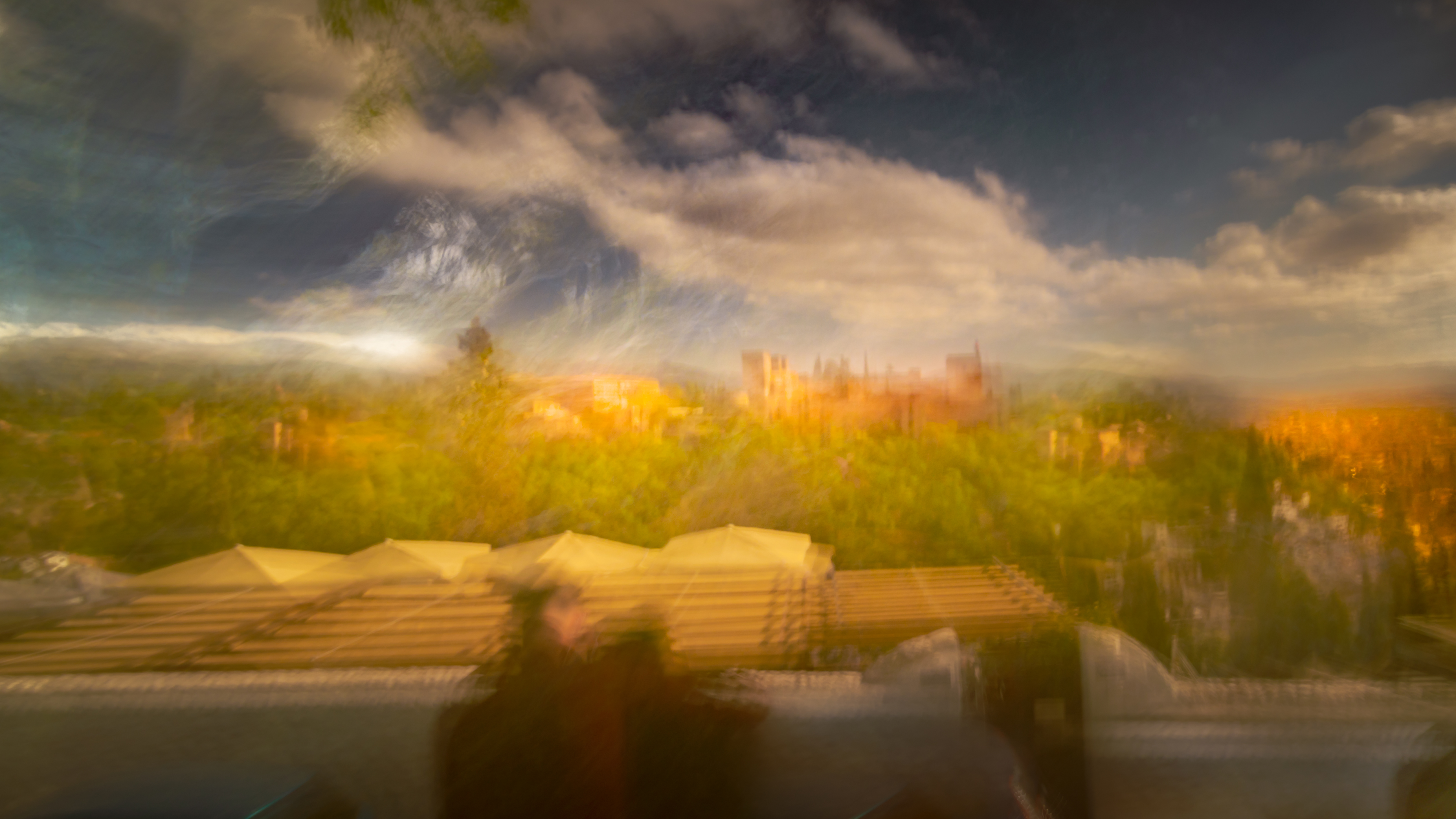 Two Lovers Watching the Alhambra abstract ICM fine art photograph silhouettes in golden light Granada Spain by Héctor Morón