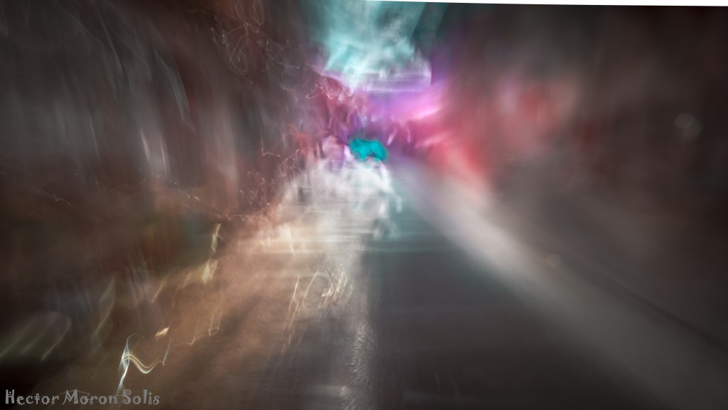 Abstract ICM fine art photograph of an urban night scene — a spectral vision of light, motion and chaos, created within the Allegorical Abstractionism movement.