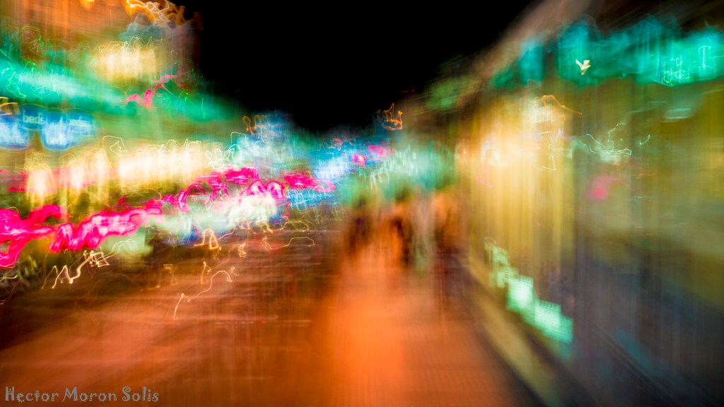 Specters Chasing Lights, abstract fine art photography with intentional camera movement (ICM); ghostly silhouettes and spectral trails of light in motion. Allegorical Abstractionism by Héctor Morón